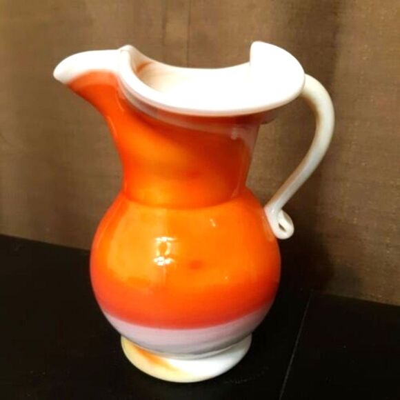 Vintage Kanawha Peachblow Cased Glass Pitcher Slag Orange Yellow Applied Handle - Picture 2 of 8